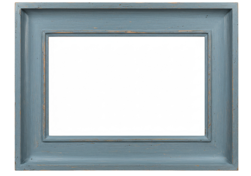 Rustic blue wooden picture frame PNG isolated on transparent background, vintage style photo border for graphic design and decoration