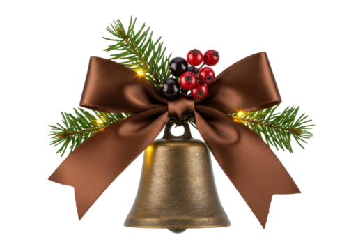 Festive bronze Christmas bell with brown bow isolated PNG, holiday decoration for seasonal design and greeting cards