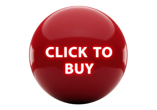 Red sphere with Click to Buy text isolated PNG on transparent background, glossy button for online shopping and e-commerce use