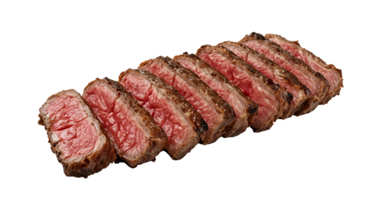 Juicy medium rare grilled steak slices isolated on the transparent background, perfectly cooked beef, gourmet meat cuisine, restaurant food concept, high protein, dinner inspiration