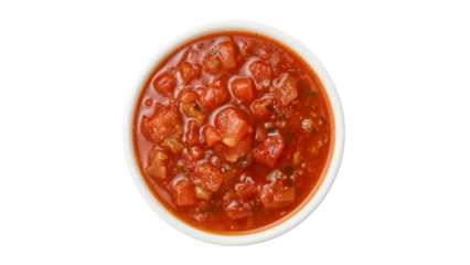 Fresh chunky tomato salsa in white bowl isolated on the transparent background  mexican appetizer, vibrant red dip, homemade party snack