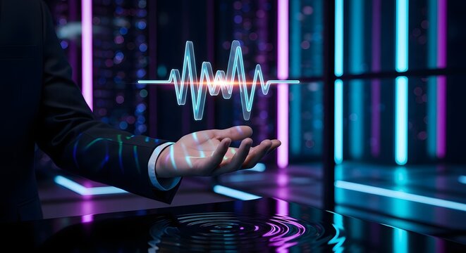 Data analysis concept with glowing waveform held in a professional’s hand, server room background. - Powered by Adobe