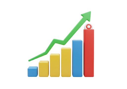 Colorful 3D bar graph with arrow isolated PNG on transparent background, business growth and financial success concept