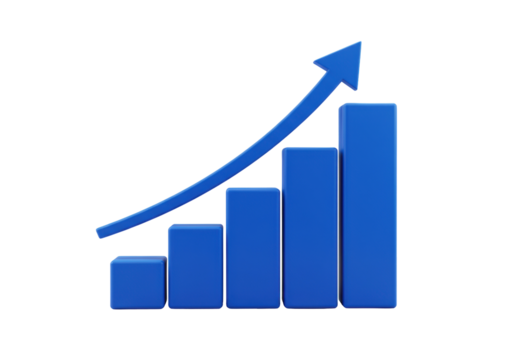 Blue bar graph with arrow isolated PNG, business growth chart on transparent background, financial success and market trend analysis