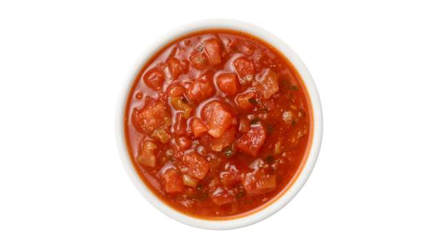 Fresh chunky tomato salsa in white bowl isolated on the transparent background  mexican appetizer, vibrant red dip, homemade party snack