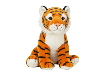 Cute tiger plush toy isolated PNG, orange and black striped stuffed animal for kids and collectors on transparent background