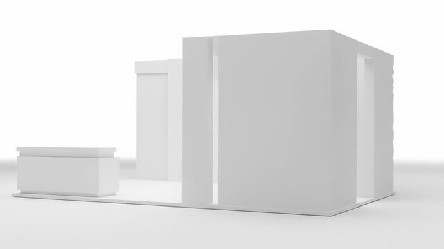 A minimalist trade show booth design in a bright, white environment