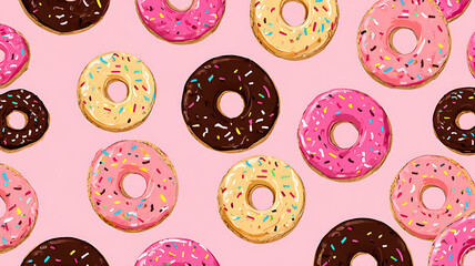Fototapeta premium Delicious Donut Delight: A Whimsical Pattern of Assorted Donuts with Sprinkles on a Pink Background (104)