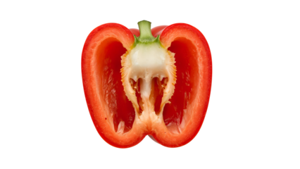 Red bell pepper cross section isolated on the transparent background showing seeds and fresh texture