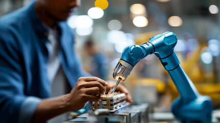 Collaborative robot working alongside human technician on battery assembly cobots in EV manufacturing human robot teamwork automotive production factory floor defocused behind