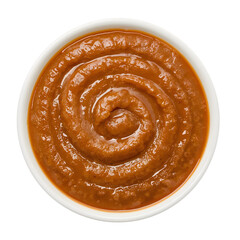 Fototapeta premium Barbecue sauce swirl in white ceramic bowl isolated on the transparent background for cooking, grilling, and culinary presentations