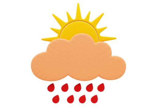 Weather icon PNG isolated on transparent background, sun behind cloud with rain drops for meteorology forecast and design use