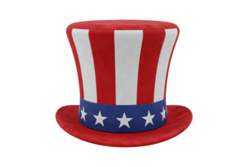 Patriotic Uncle Sam hat PNG isolated on transparent background, red white and blue American flag top hat for Independence Day