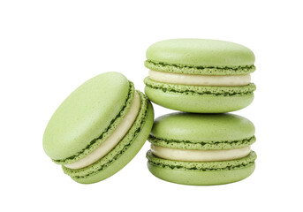Stack of three green pistachio macarons isolated PNG, delicious French almond meringue-based confection on transparent background © Jonathan