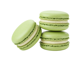 Stack of three green pistachio macarons isolated PNG, delicious French almond meringue-based confection on transparent background