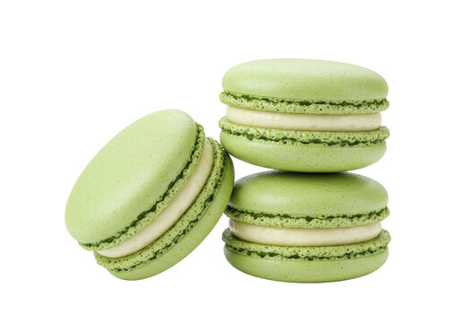 Stack of three green pistachio macarons isolated PNG, delicious French almond meringue-based confection on transparent background