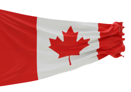 Waving Canadian flag PNG isolated on transparent background, national symbol of Canada for patriotic designs and Canada Day celebrations
