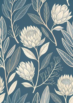 Elegant Line Art Floral Pattern with Stylized Protea Flowers on Blue