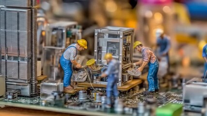 Miniature technicians maintaining computer hardware with precision in a micro world