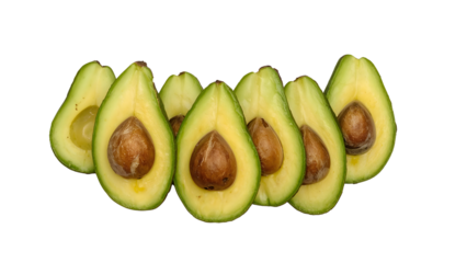 Fresh ripe avocado halves with seed on the transparent background, green healthy vegan superfood, organic diet trend