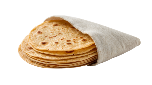 Fresh homemade flour tortillas wrapped in linen cloth isolated on the transparent background, traditional mexican flatbread stack for tacos and burritos