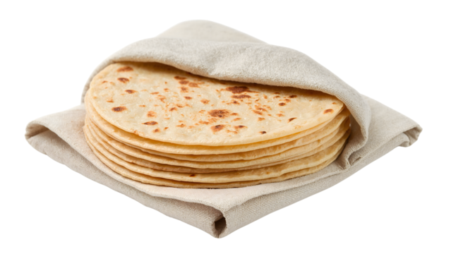 Fresh homemade flour tortillas wrapped in cloth on the transparent background, soft flatbread stack for tacos, burritos, and wraps
