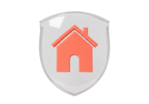 Orange house in a shield isolated PNG, home protection and insurance concept on transparent background, real estate security
