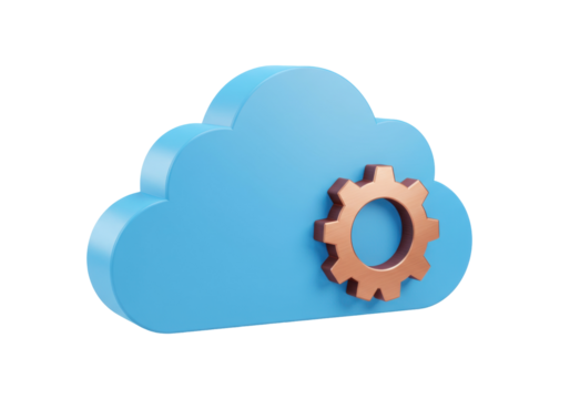 Blue cloud with copper gear isolated PNG, cloud computing concept for technology and data management, on transparent background