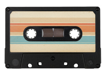 Retro cassette tape isolated PNG on transparent background, vintage audio music recording media with colorful stripes for 80s and 90s nostalgia
