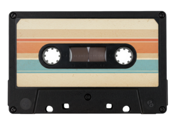 Retro cassette tape isolated PNG on transparent background, vintage audio music recording media with colorful stripes for 80s and 90s nostalgia