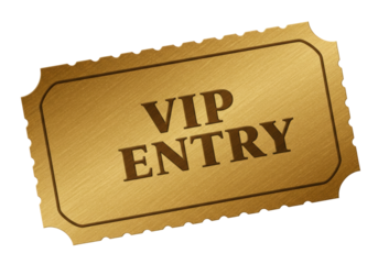 Golden VIP entry ticket PNG isolated on transparent background, exclusive pass for events and special access