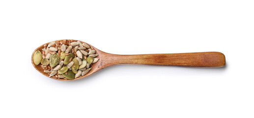 Mix of different seeds in spoon isolated on white, top view