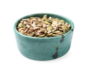 Mix of different seeds in bowl isolated on white