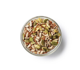 Mix of different seeds in bowl isolated on white, top view
