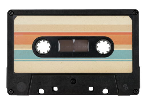 Retro cassette tape isolated PNG on transparent background, vintage audio music recording media with colorful stripes for 80s and 90s nostalgia