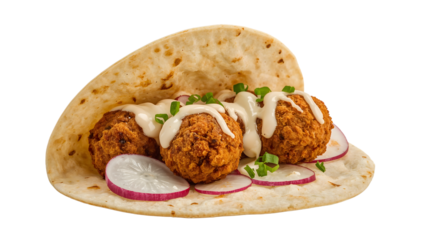 Crispy falafel wrap with fresh radish slices, creamy sauce, and green onion on soft tortilla, healthy vegetarian street food isolated on white