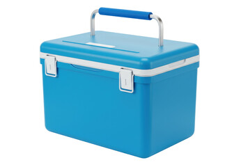 Blue cooler box isolated PNG on transparent background, portable ice chest for camping, picnics, and outdoor activities