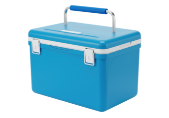 Blue cooler box isolated PNG on transparent background, portable ice chest for camping, picnics, and outdoor activities