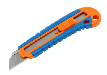 Box cutter isolated PNG on transparent background, blue and orange utility knife for cutting cardboard and paper, sharp blade