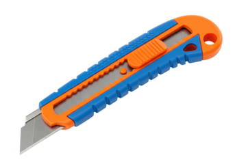 Box cutter isolated PNG on transparent background, blue and orange utility knife for cutting cardboard and paper, sharp blade