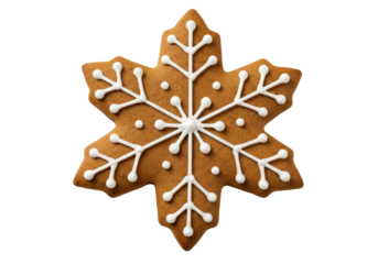 Gingerbread snowflake cookie isolated PNG on transparent background, Christmas holiday treat with white icing decoration