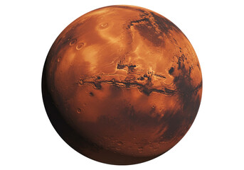 Detailed Mars planet PNG isolated on transparent background, red planet with craters and canyons...