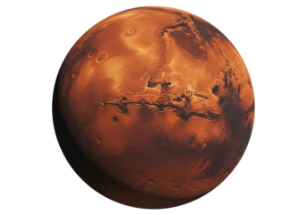 Detailed Mars planet PNG isolated on transparent background, red planet with craters and canyons for space exploration and science projects