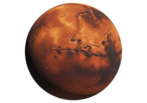 Detailed Mars planet PNG isolated on transparent background, red planet with craters and canyons for space exploration and science projects