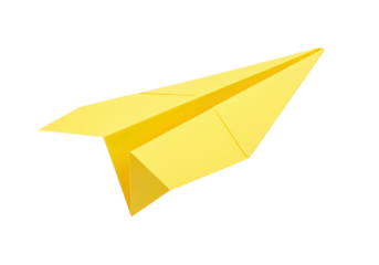 Yellow paper airplane PNG isolated on transparent background, origami toy for travel and childhood themes