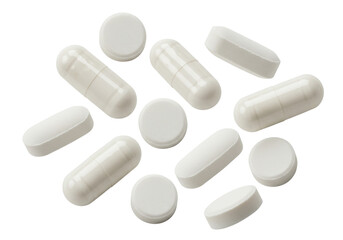 Assorted pills and capsules isolated PNG on transparent background, pharmaceutical medication for healthcare and medical treatment