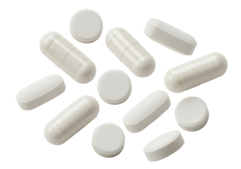 Assorted pills and capsules isolated PNG on transparent background, pharmaceutical medication for healthcare and medical treatment