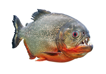 Isolated red-bellied piranha with big teeth from Amazon river basin on plain backdrop