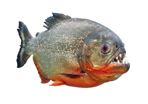 Isolated red-bellied piranha with big teeth from Amazon river basin on plain backdrop