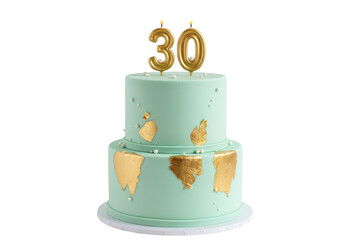 Two-tiered mint green birthday cake with gold leaf and number 30 candles isolated PNG, celebration dessert for thirtieth birthday
